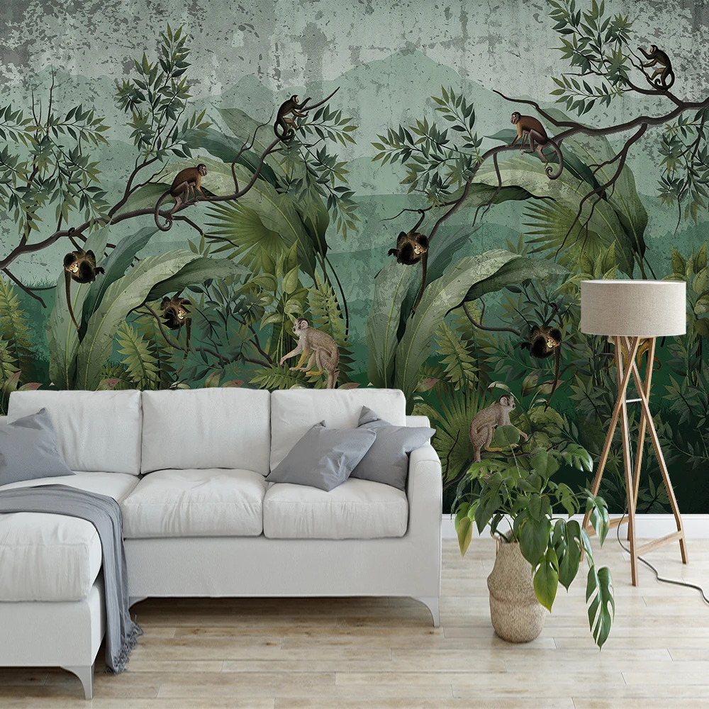 Milofi Custom Tropical Forest Monkey Vintage Wallpaper Mural Drawing Room TV Background