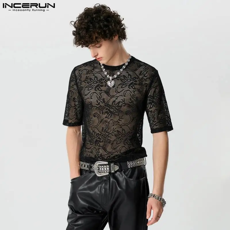 INCERUN Men T Shirt Lace Transparent O-neck Sexy Short Sleeve Summer Camisetas Streetwear 2024 Fashion Casual Men Tee Tops S-5XL