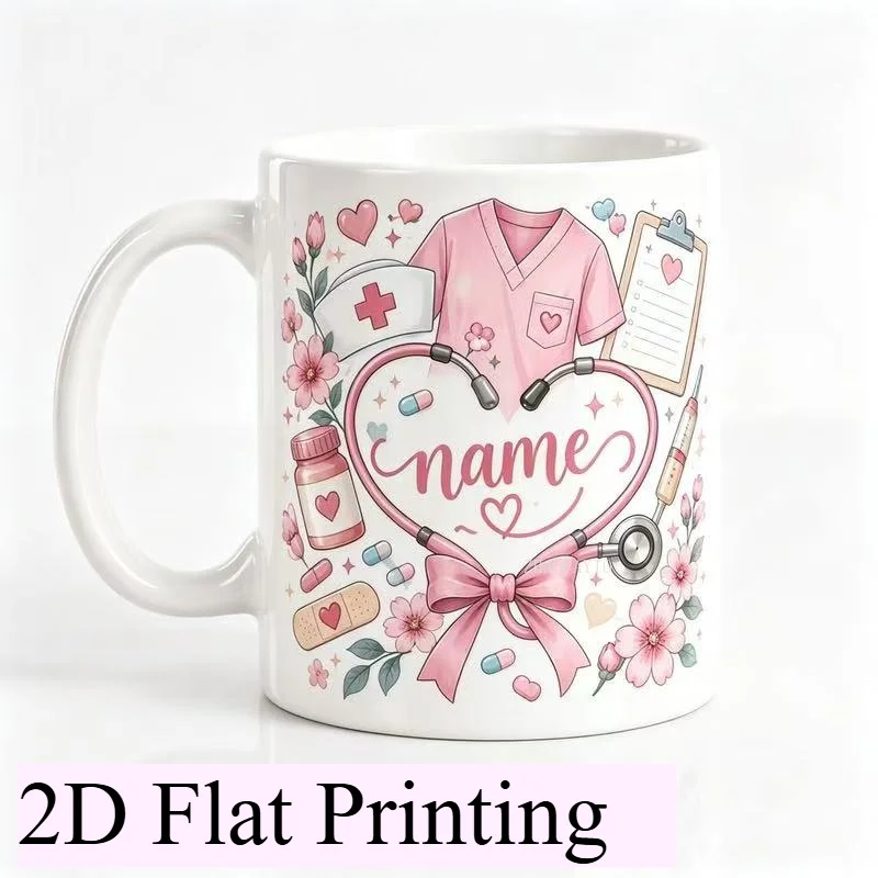 Personalized Nurse Novelty Ceramic Mug 2D Print Custom Name Pink Uniform Stethoscope Flower Print Clinic Gift 11oz
