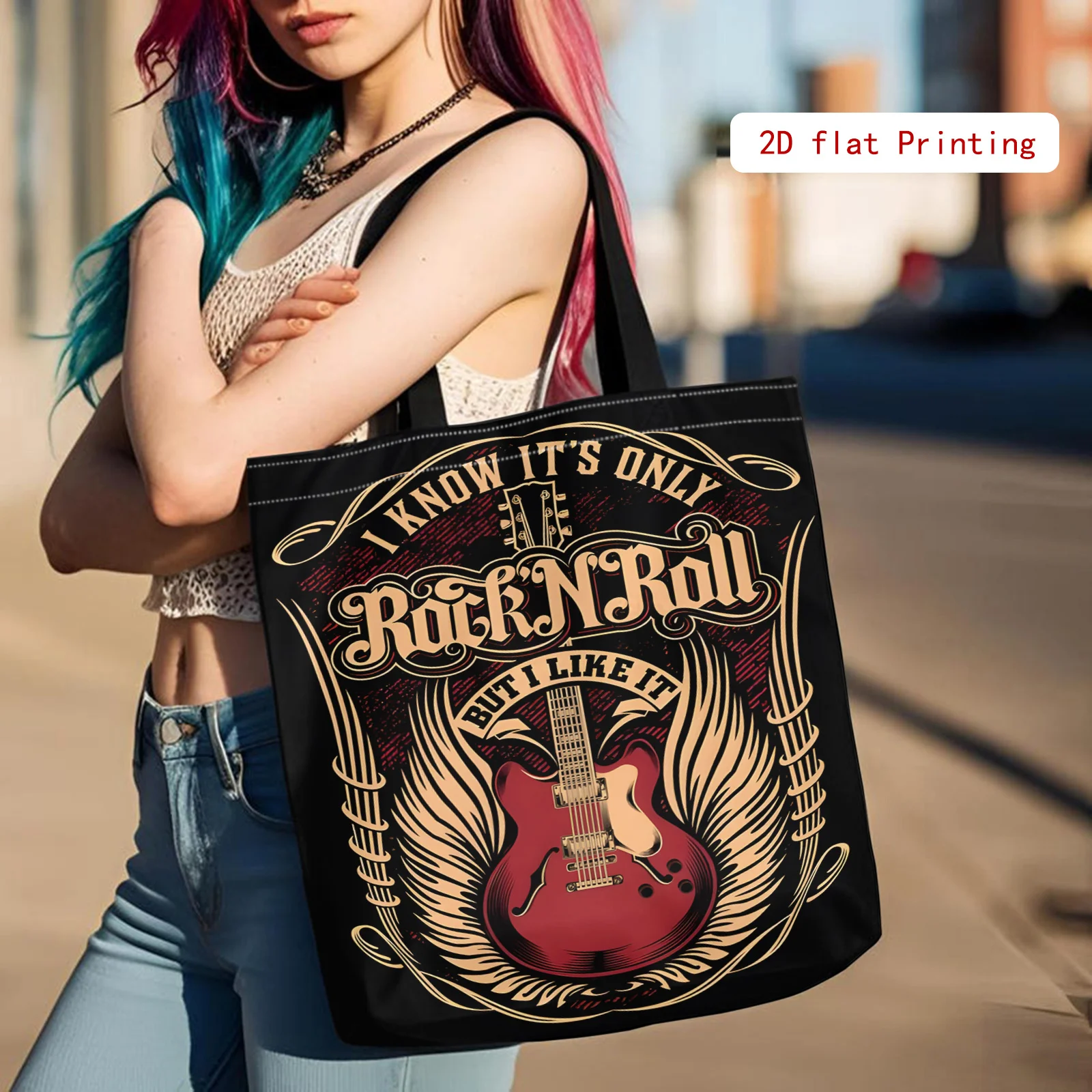 Fashionable Bag, Cool 2D Printed Guitar and Wings Pattern Shoulder Bag A Trendy Choice for Back-to-School Season