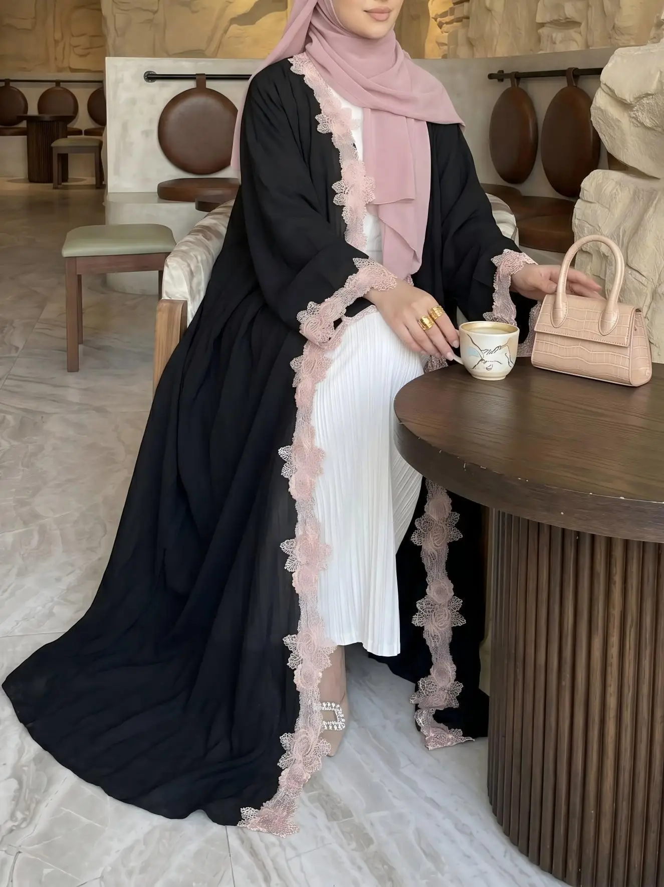 Women Flower Lace Open Abaya Dubai Turkey Kaftan Muslim Dress Eid Jalabiya Islam Robe Ramadan Kimono Cardigan Kebaya Abaya 2