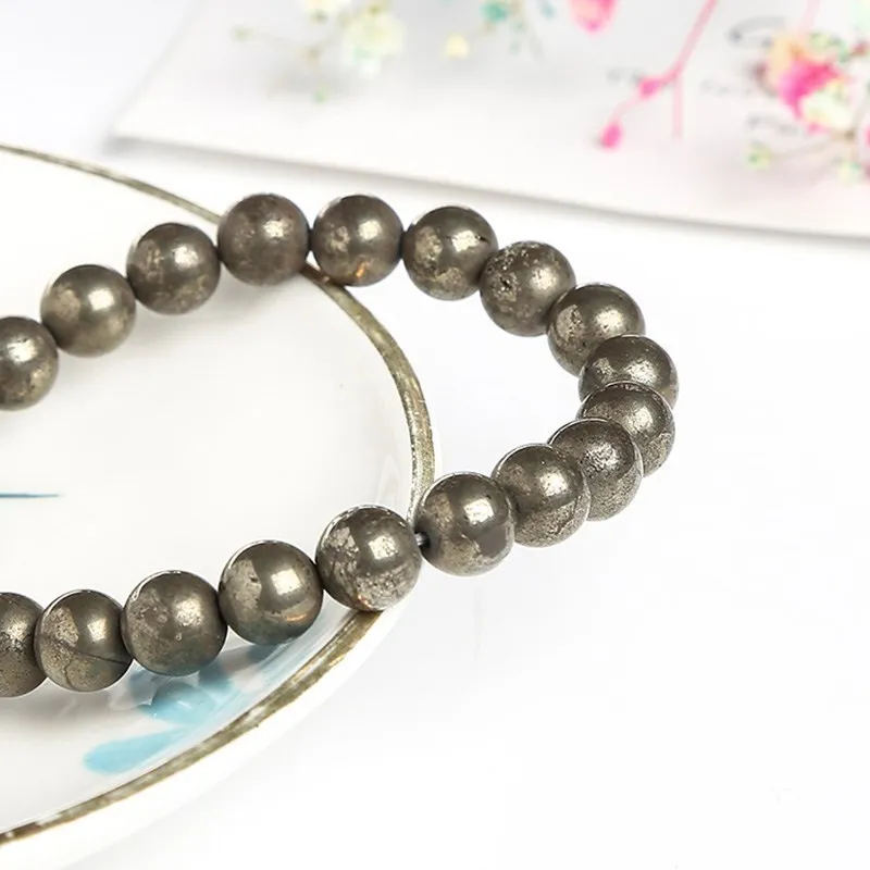 JD Natural Pyrite Bead Bracelets Women Men Vintage Charm Round Stone Energy Healing Strand Bangles Yoga Balance Wrist Jewelry