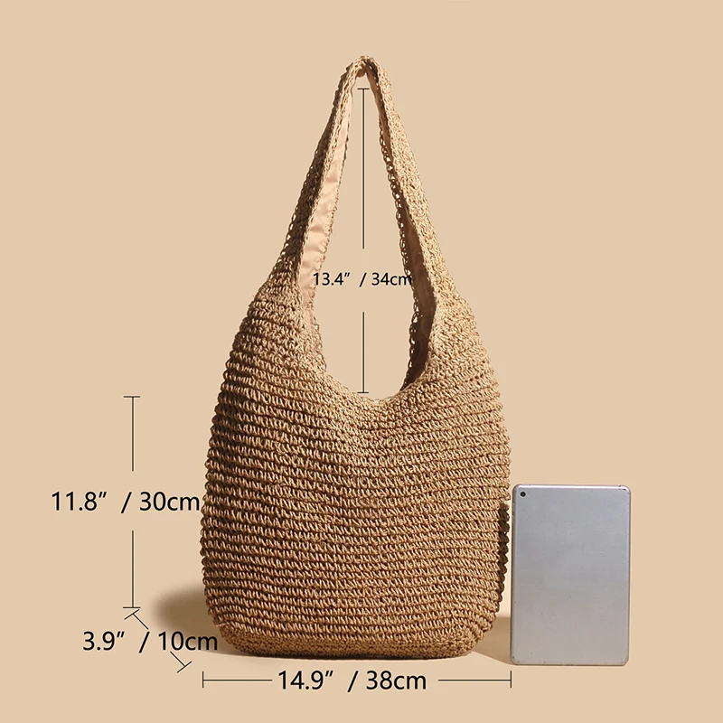 Bolso de playa tejido de paja para mujer, bolsa de hombro de lujo, a la moda, sencillo, grande, para cosméticos, 2023