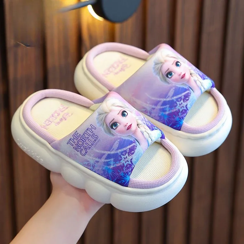 Disney Princess Elsa Home Slipper Frozen Girls\' Breathable Non-slip Thick Sole Baby Floor Slippers Sandals Peep-Toe Blue Shoes