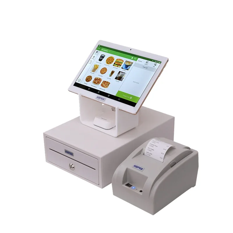 

HSPOS android 10 inch tablet pos cash register 58mm thermal receipt printer and cash drawer for shop