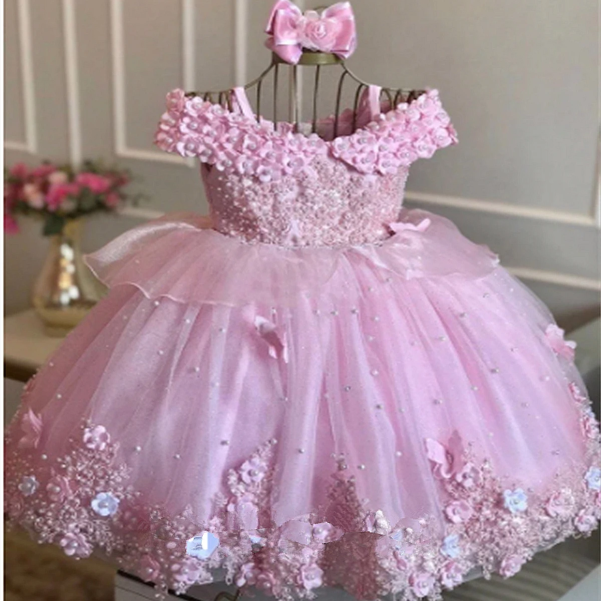 Luxo bebê menina vestido de aniversário rendas pérolas infantil applique vestido princesa flor menina vestido longo natal baile baile baile