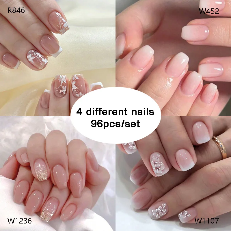 أظافر زهور بسيطة ، أظافر قصيرة فرنسية ، 4 قطع من صمغ الأظافر ، 4 ملفات أظافر ، 96 * #1