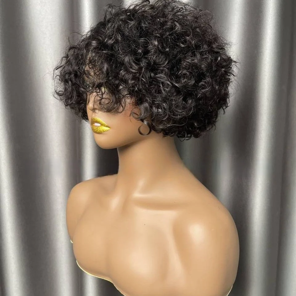 Lado feminino partido curto encaracolado pixie corte bob, 100% peruca de cabelo humano, perucas de máquina completa, para preto feminino cabelo remy brasileiro