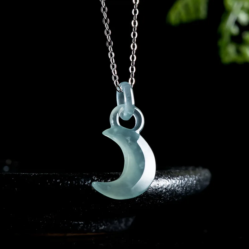 

Blue Myanmar Jadeite Moon Pendant Necklace Carved Amulet Burmese Jade 925 Silver Designer Vintage Gifts for Women Real Jewelry
