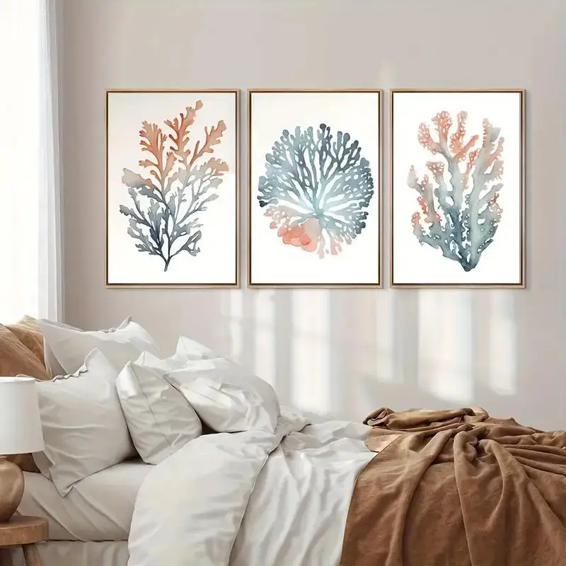 3Pcs/Set Frameless Canvas Poster Art Coral Seaweed Hanging Picture Modern Bedroom Living Room Corridor Wall Home Decor