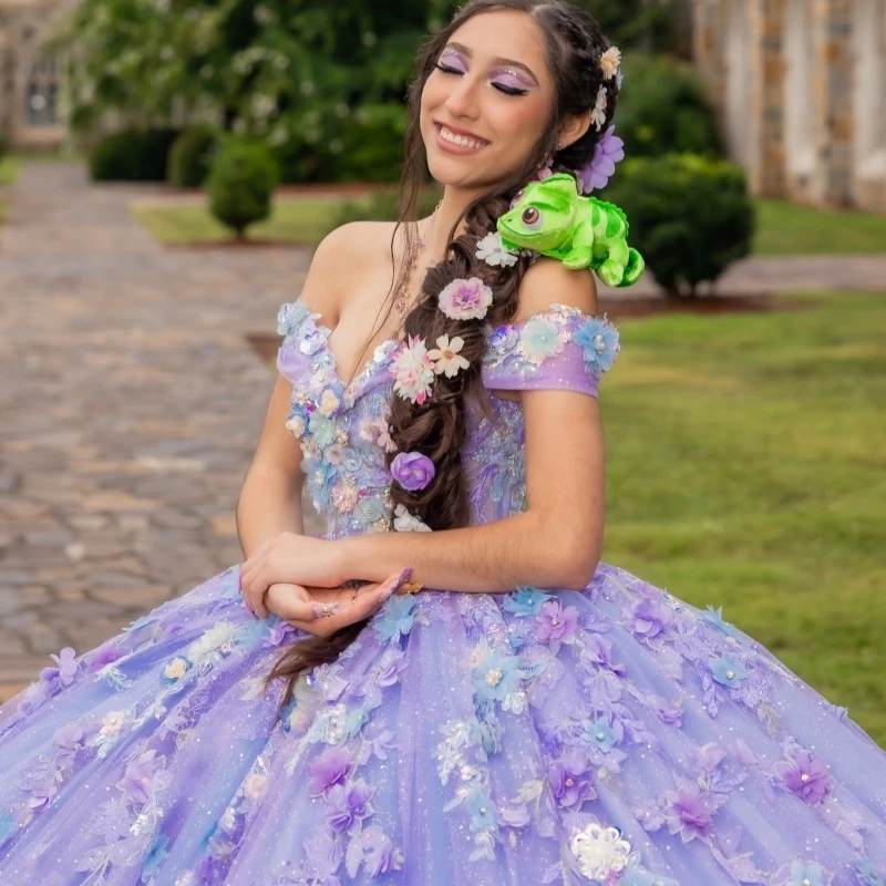 Lavender Glitter Quinceanera Dresses Off Shoulder Ball Gown Sweet 16 Dress Applique Flower Beading Crystal Tull Corset Birthday