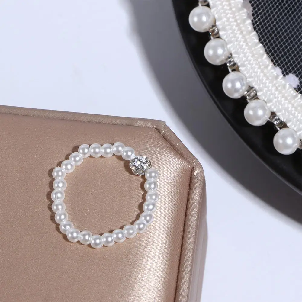 1PC Fashion Handmade Braided Imitation Pearl Colorful Rhinestones Rings for Women Heart Crystal Party Jewelry Gifts
