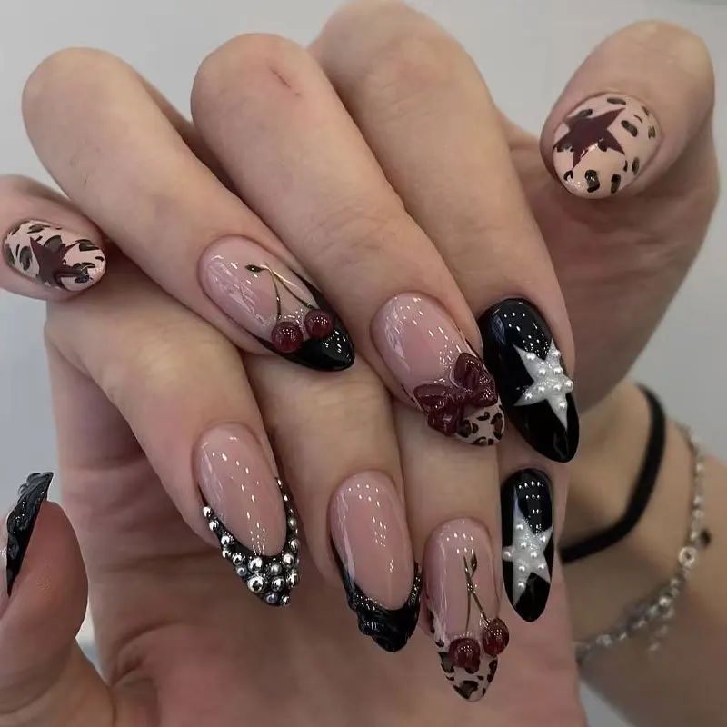 24pcs Mid-length Almond Manicure Tips Bow French Leopard Print Full Cover Fake Nails Cherry Star Wearbale Press on False Nails