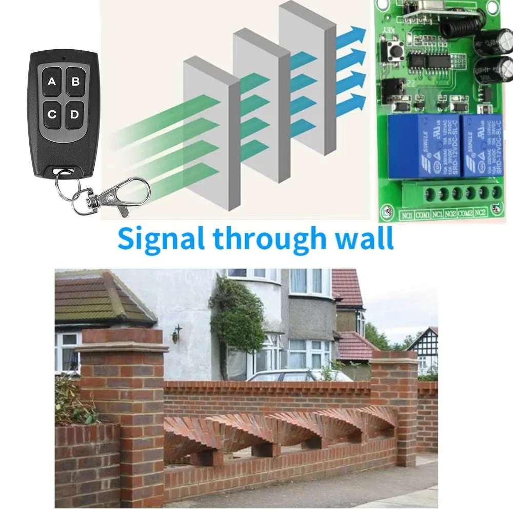 433MHz RF Wireless Remote Control Switch DC 12V 2 Channels RF Relay Module 100m Control Distance for Light/LED/Gate/Motor/DIY