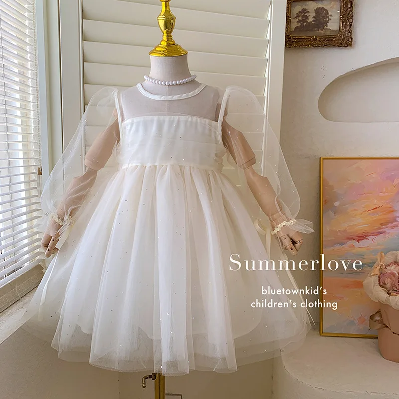 

Girl 2026 Spring and Summer Long Sleeve Bubble Sleeve Dress Sparkling Yarn Dress Baby Girl Princess Birthday Dress