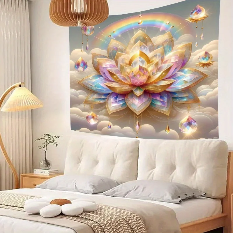 Aesthetic Crystal Lotus Tapestry Golden Cloud and Rainbow Tapestry - Multi-Use with Free Hanging Accessories Eye-Catching Home