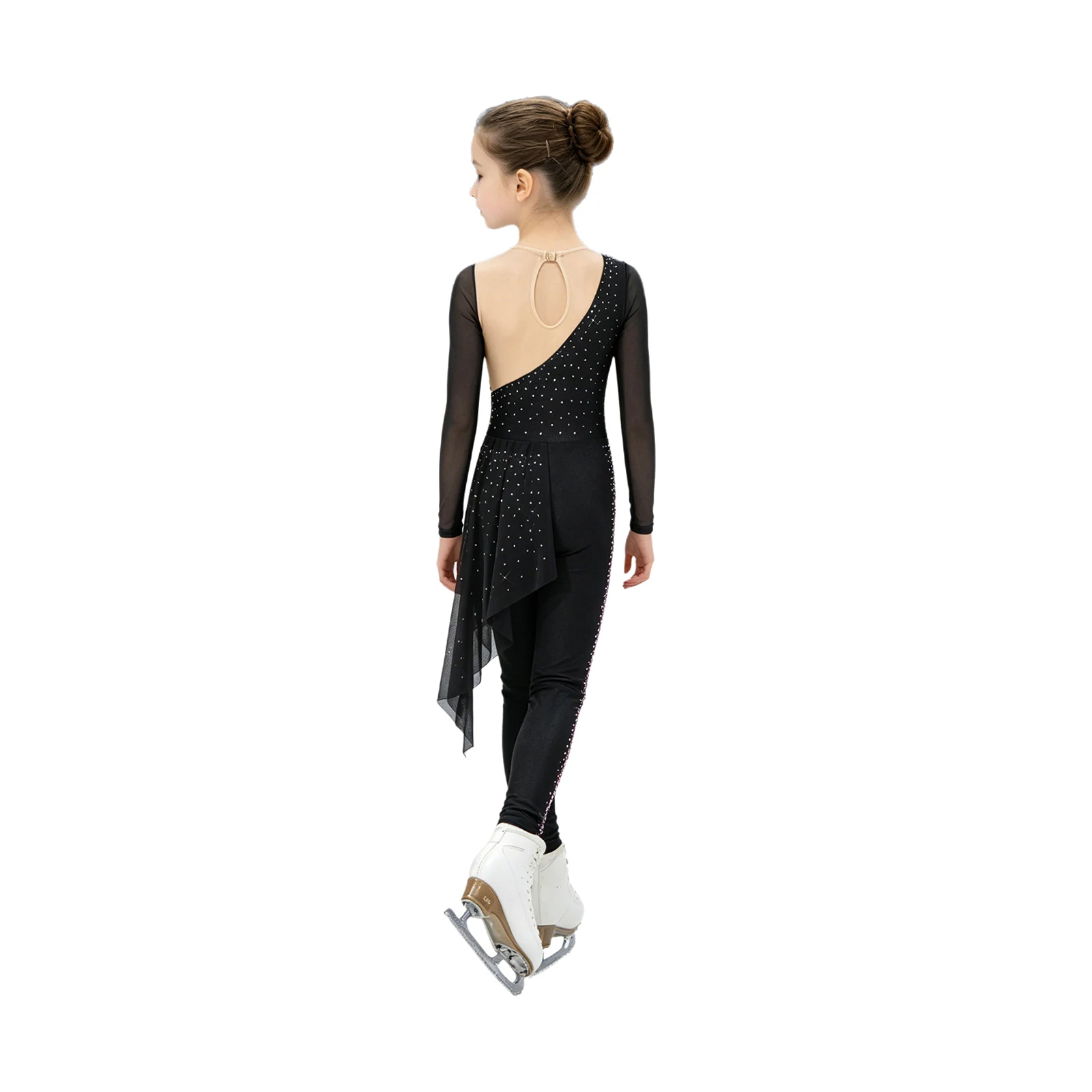 Kids Girls Figure Skating Gymnastics Dance Jumpsuit Long Sleeve Keyhole Back Shiny Rhinestone Irregular Mesh Drapey Bodysuit