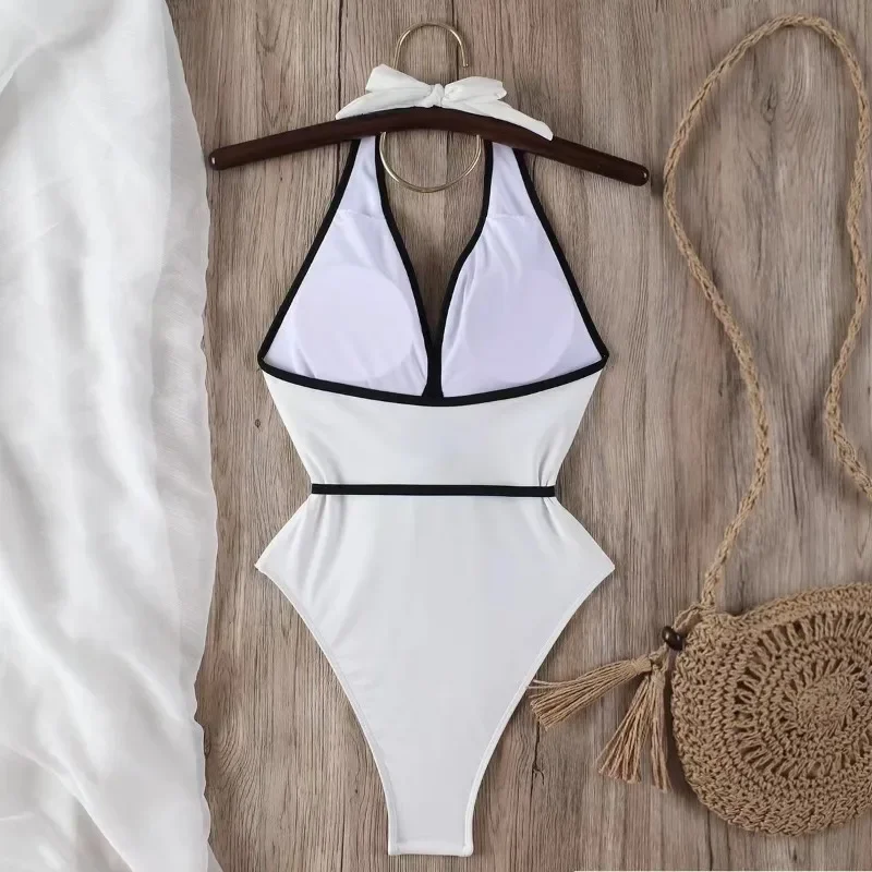 3D Flower Solid One Piece Swimsuit Women Black/White Swimwear Sexy Deep V Neck Swimming Suit Backless  Bathing Suit for Women