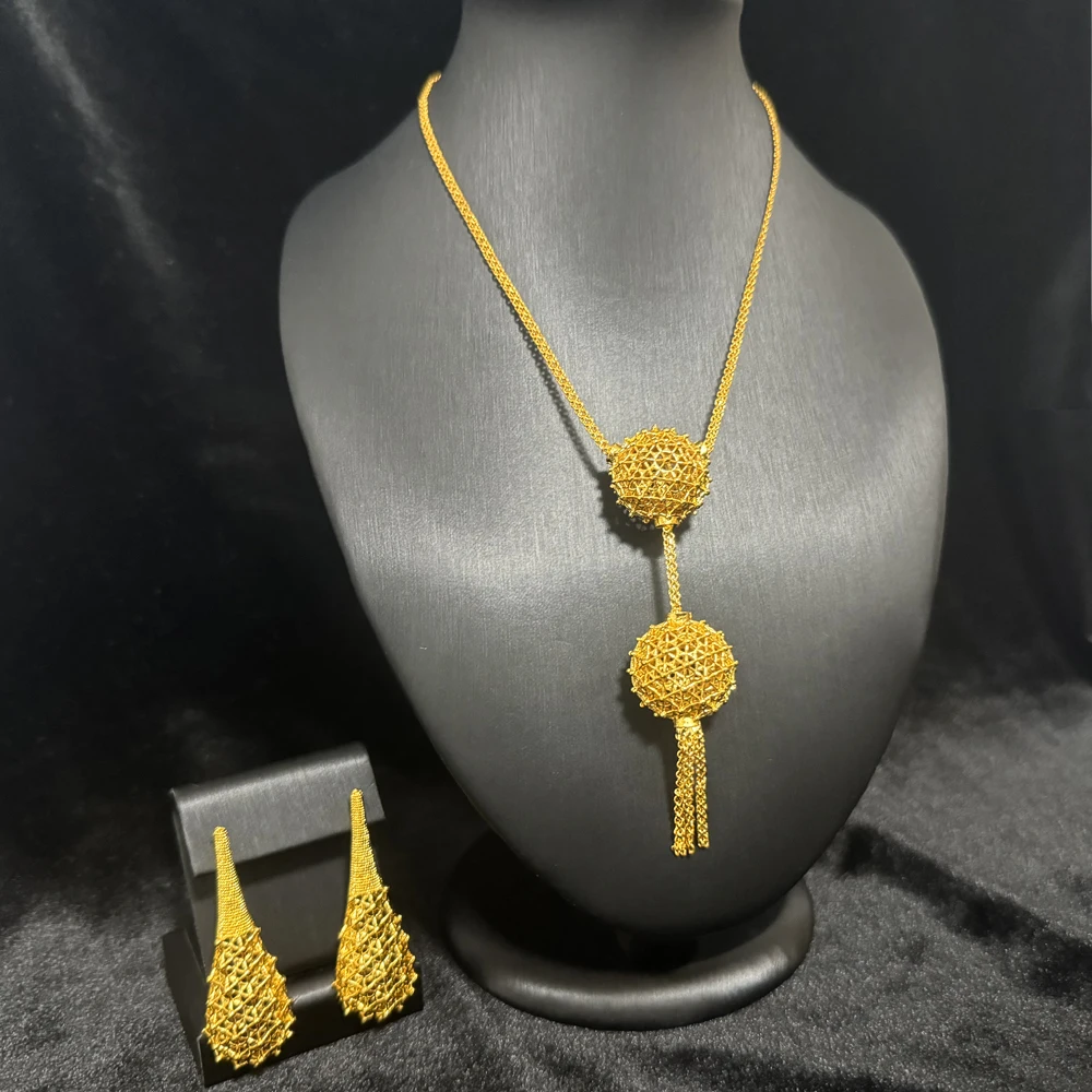 Dubai 24K Gold Color Long Jewelry Sets Wedding African Necklace Earrings For Women Nigerian Indian Bridal Set Party Gifts