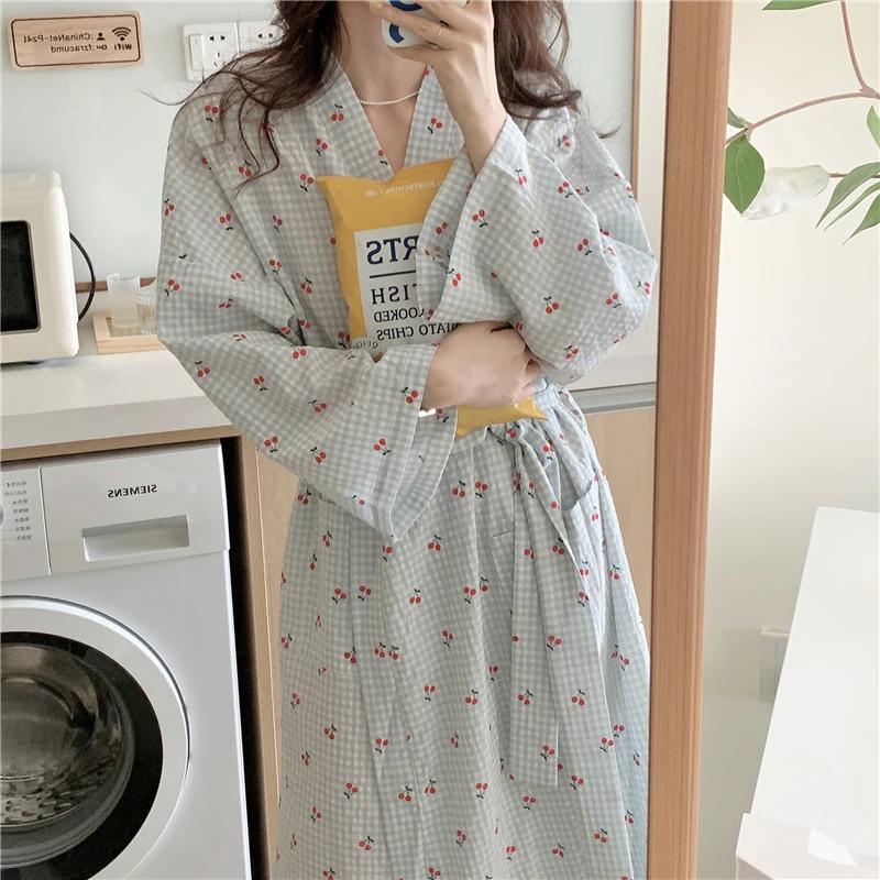 Cherry Plaid Robe Lovely Autumn Cotton Bathrobe Long Kimono Pajamas Nightgown Lace Up V-Neck Long Sleeve Night Dress Sweet