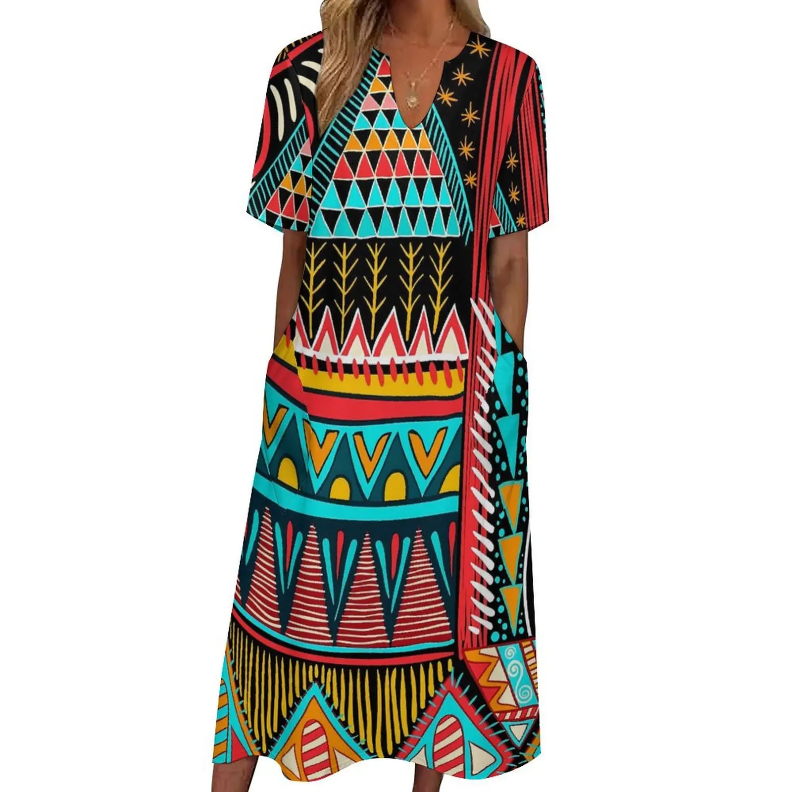 

Color Vintage Ethnic Dress Geometric Print Party Maxi Dress Aesthetic Boho Beach Long Dresses Summer Short Sleeve Vestidos