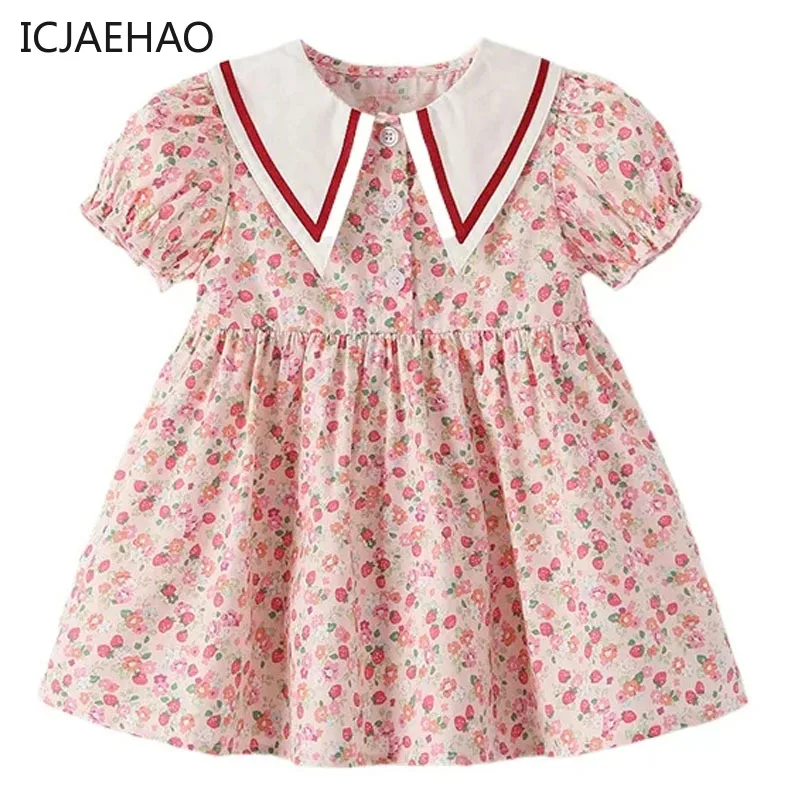 

ICJAEHAO 2024 Summer Girls Dress Pastoral Style College Collar Girl ins Princess Going Out with Floral dress New Children's Wear