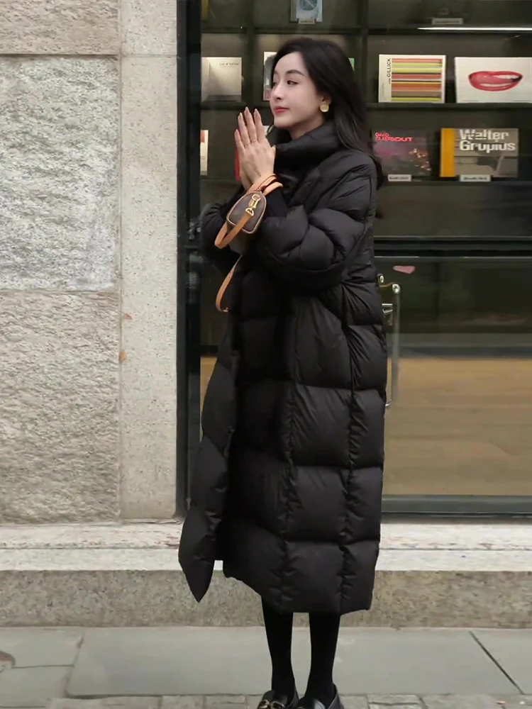트렌디 롱 블라 듀 다운 패딩 재킷 여성 캐주얼 슬림 롱 스탠드 칼라 브레드 디자인 겨울 코트