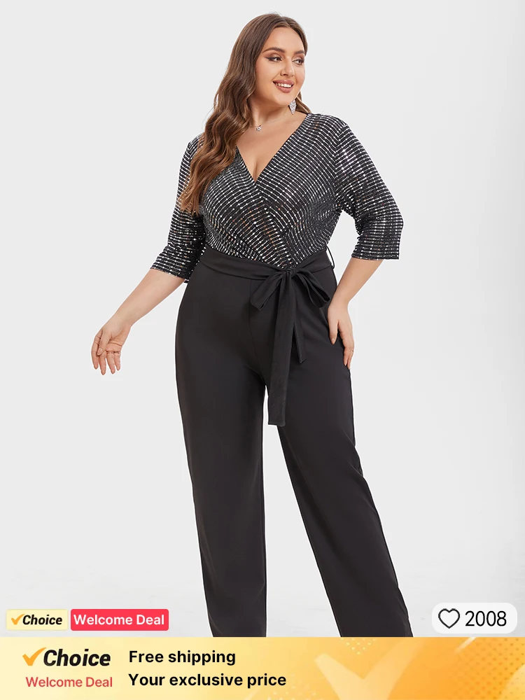 Plus Sized Clothing Chic Jumpsuit with Belt Women Patchwork Contrast V-Neck Long Sleeve Sequin Evening Host Jumpsui