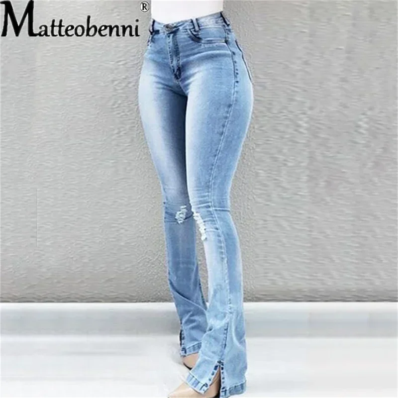 Women Casual Flared Jeans Fashion Sexy Skinny Split Leg Open Streetwear Fray Hole Stretch High Waist Blue Washing Denim Pants