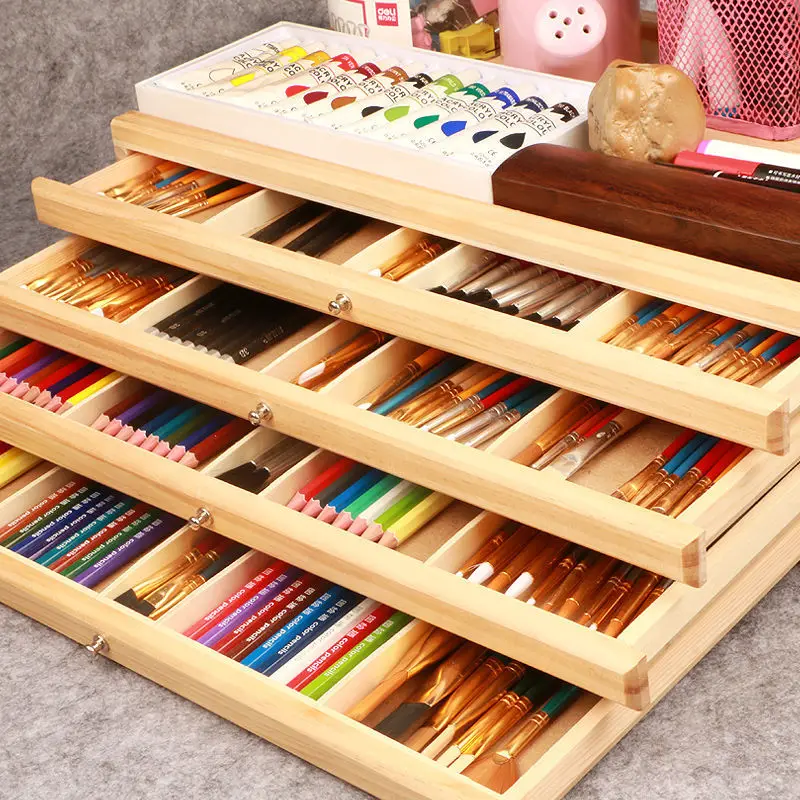 Art supplies brush storage box wooden drawer-style painting box color lead art four-layer desktop stationery pen rack finishing