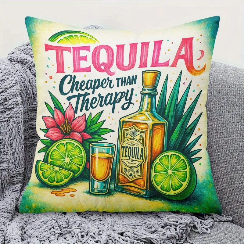 One Pillow Cover Featuring a Holiday Theme with Tequila And Lemon Design, Equipped with a Hidden Zipper, Suitable for Sofas, Living Rooms, Offices, And Home Decor - Machine Washable (Double-Sided Print, Pillow Insert Not Included)
