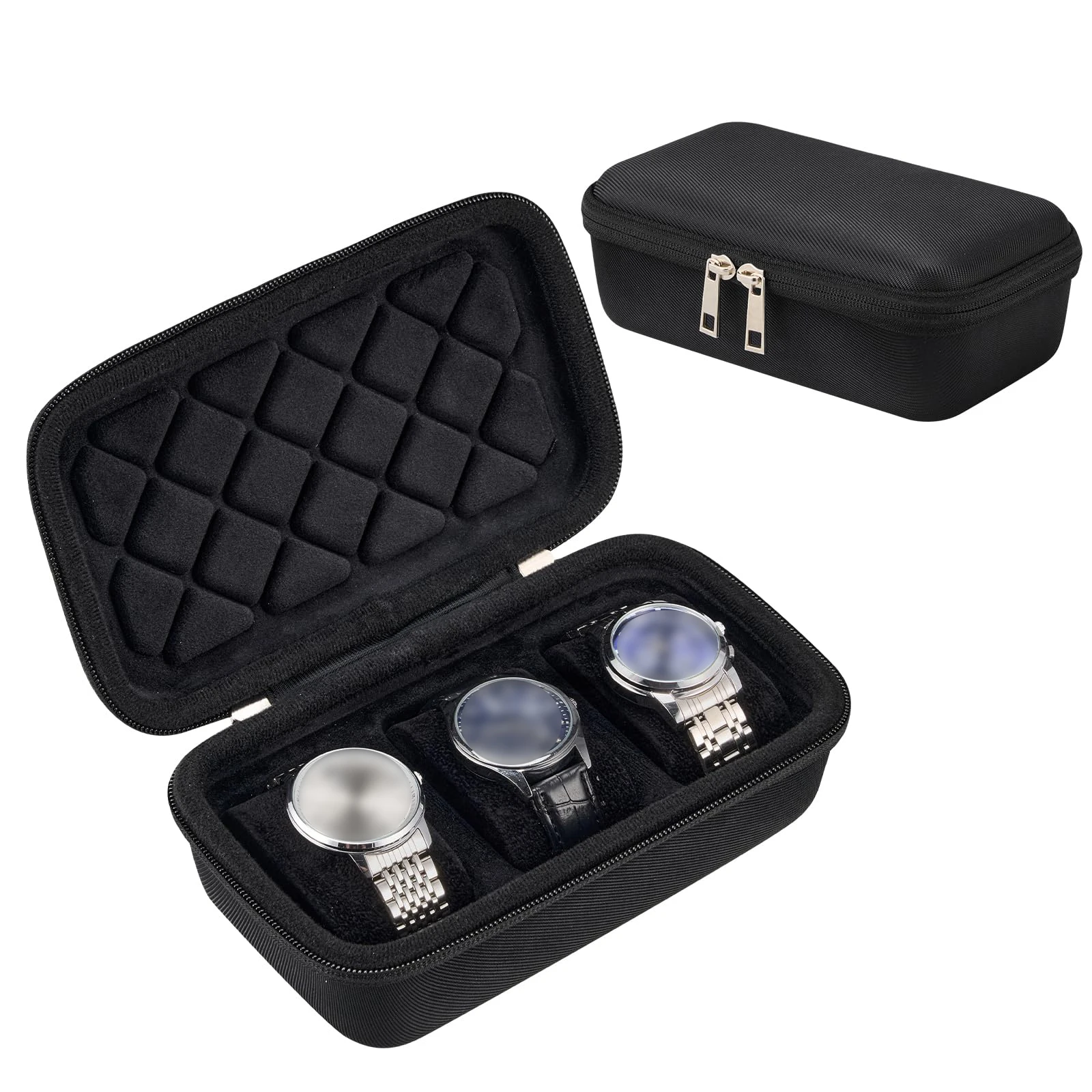 Estuche de Viaje para Relojes, Caja de Almacenamiento Rígida con 3 Ranuras para Relojes y Accesorios de Pulsera, Bolsa Organizadora con Cierre para Mujeres y Hombres, Negro