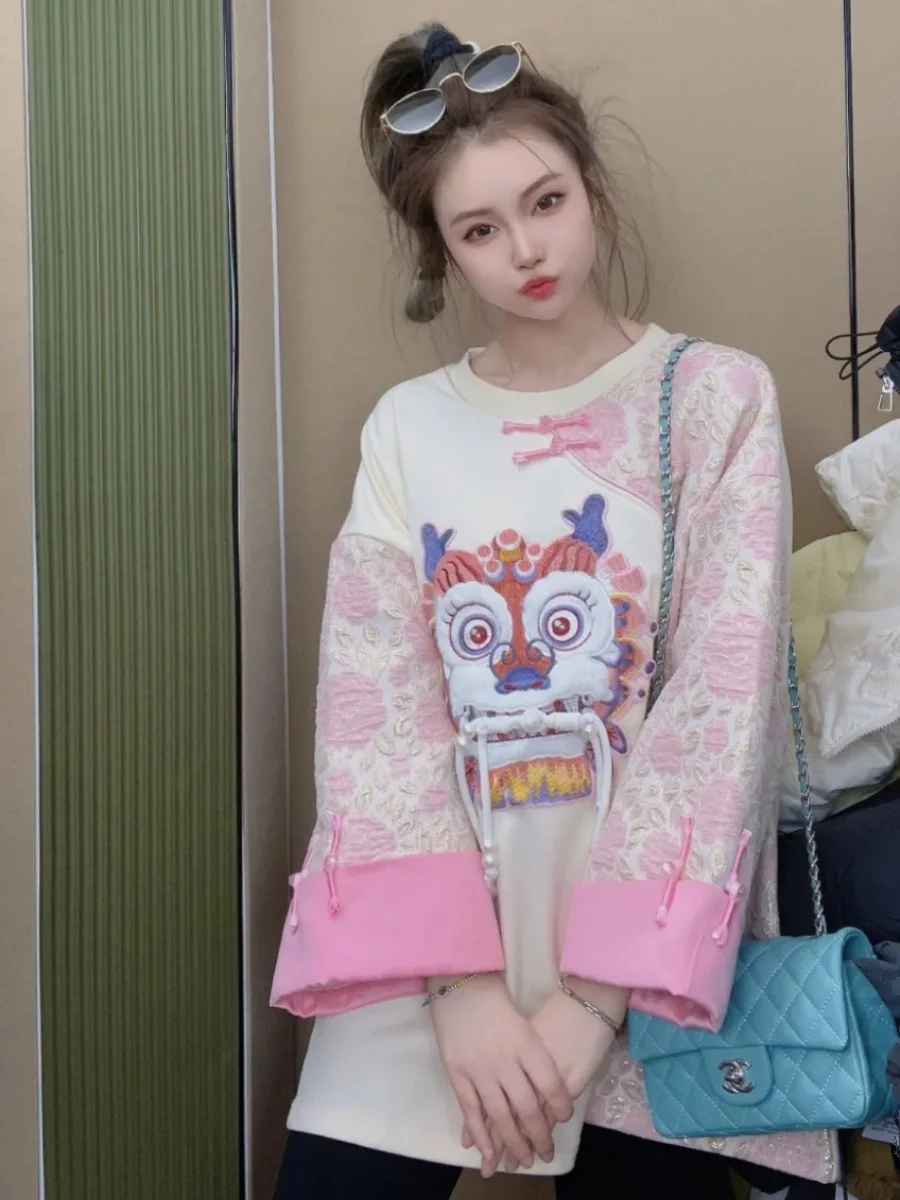 

Новая китайская женская толстовка с круглым вырезом и флисовой подкладкой, свободного кроя, с дизайном в стиле Года Дракона, утягивающий топ для повседневной носки, с длинными рукавами