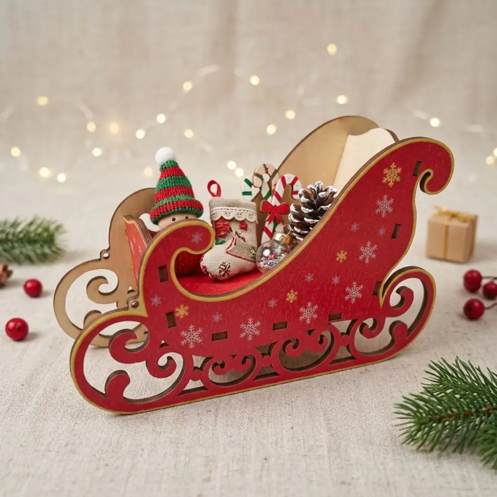 Snowflake Print Christmas Wooden Sleigh Ornament Stable Base Smooth Edge Sleigh Tabletop Candy Holder Anti Deform Sleigh Model