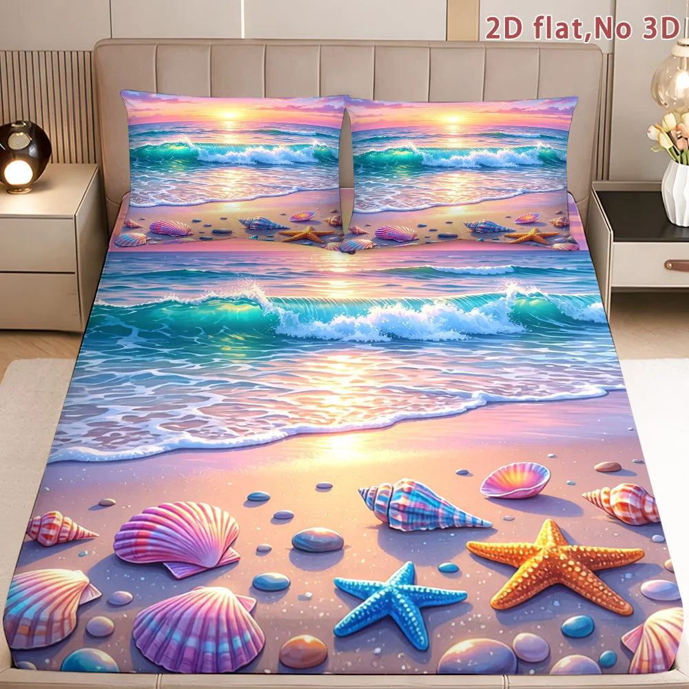 Ocean-Themed Fitted Sheet, Printed Fitted Sheet, Mattress Protector, Breathable Polyester Material (Includes 1 Fitted Sheet + 2 Pillowcases), Mattress Protector, Fitted Sheet with Elastic Band, Protective Cover, Mattress Protector Cover, Fitted Sheet Bedding, Christmas-Themed Bedding, Baby Bedding, Suitable for Nursery Room