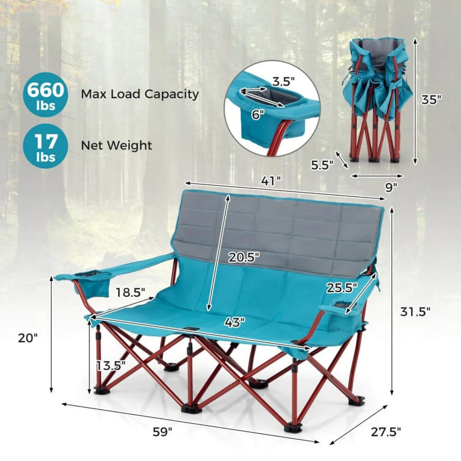 US Oversized Camping Chair Folding Loveseat Camping Couch with Cup Holders and Thick Padding