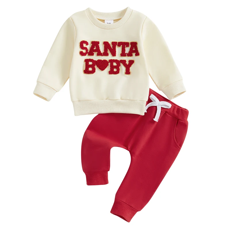 

Toddler Girl Boy Christmas Outfits Letter Embroidery Long Sleeve Crew Neck Sweatshirt with Solid Pants Set