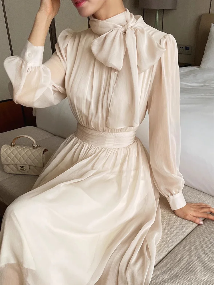 Elegant Spring Chic Stand Collar Sash  Knot Long Sleeve Chiffon Dress Slimming Waist High Waist Commute Style