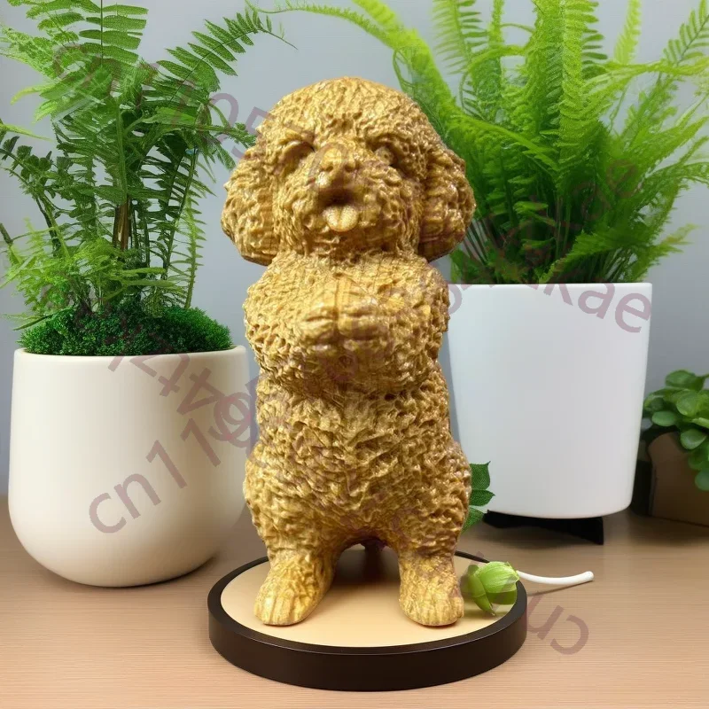 Wood Carving Teddy Dog Animal Model Figurine Hand Carved Solid Wood Cute Home Room Office Figurine Decoration Small Gift