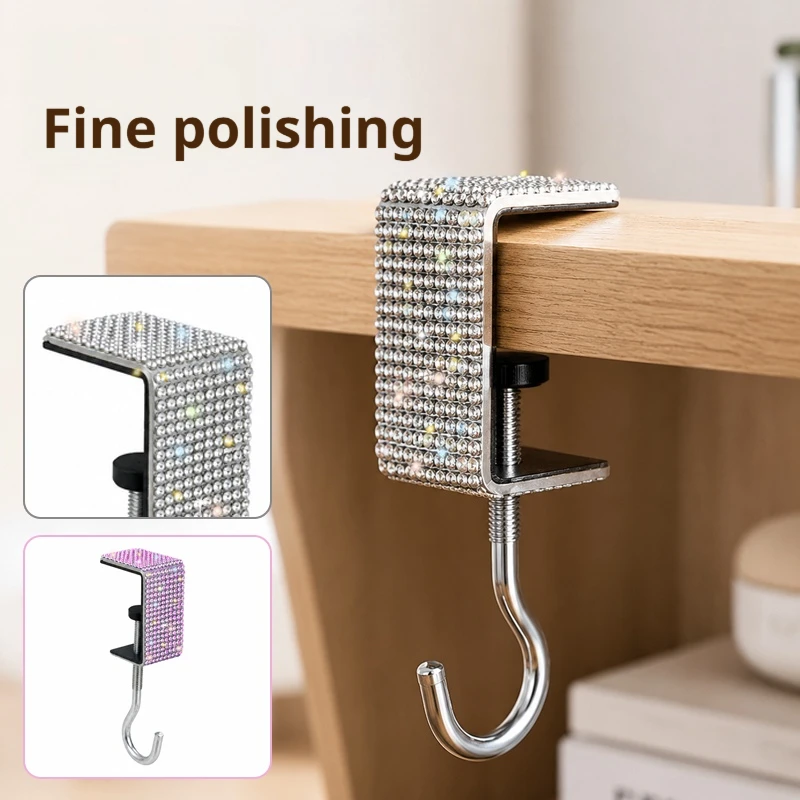 Diamond-Encrusted Table Edge Hook, No-Drill Adjustable Table Side Bag Hook, Metal Hook for Desktop Side, Home Office Bag Storage Hook