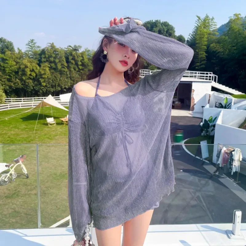 2024 Women Fantasie High Waist 3 Piece Cover Up Swimwear Swimsuit Korean Style Vacation Swim Beach Wear Cardigan Bathing Suit