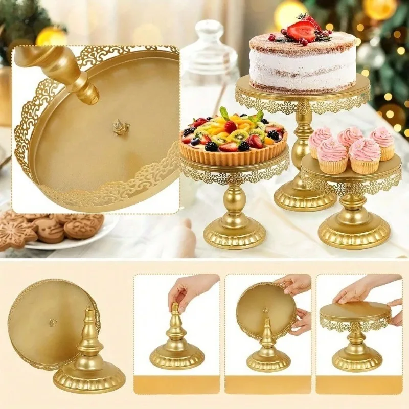Support à gâteaux en fer et dentelle dorée, parfait pour les tables à dessert de mariage et de fête, design vintage pour les célébrations et les événements spéciaux