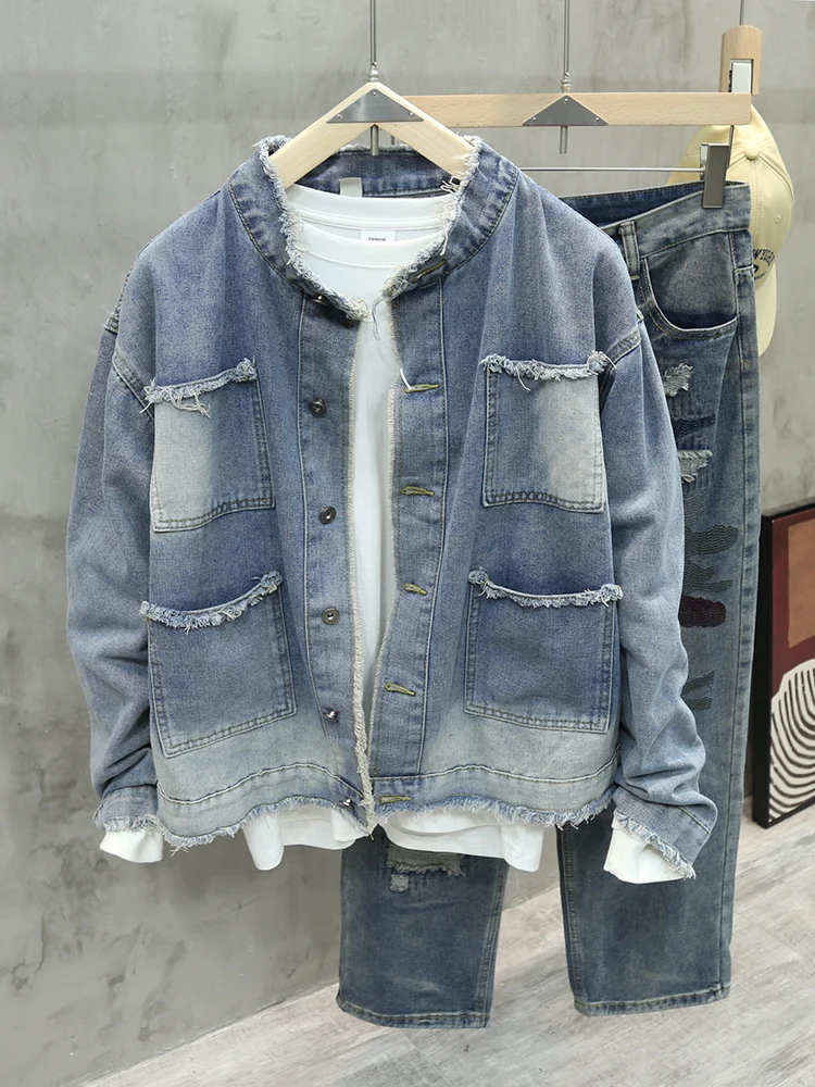 Printemps automne nouveaux hommes veste en jean à franges américain rétro haute rue poches bleu mant