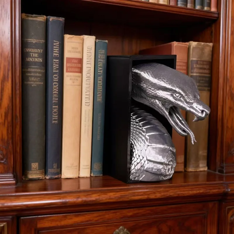 3D Printed Silver Snake Bookends, Metal Dragon Head Book Holder, Vintage Gothic Home Office Desk, Shelf Decor Unique Gift Men