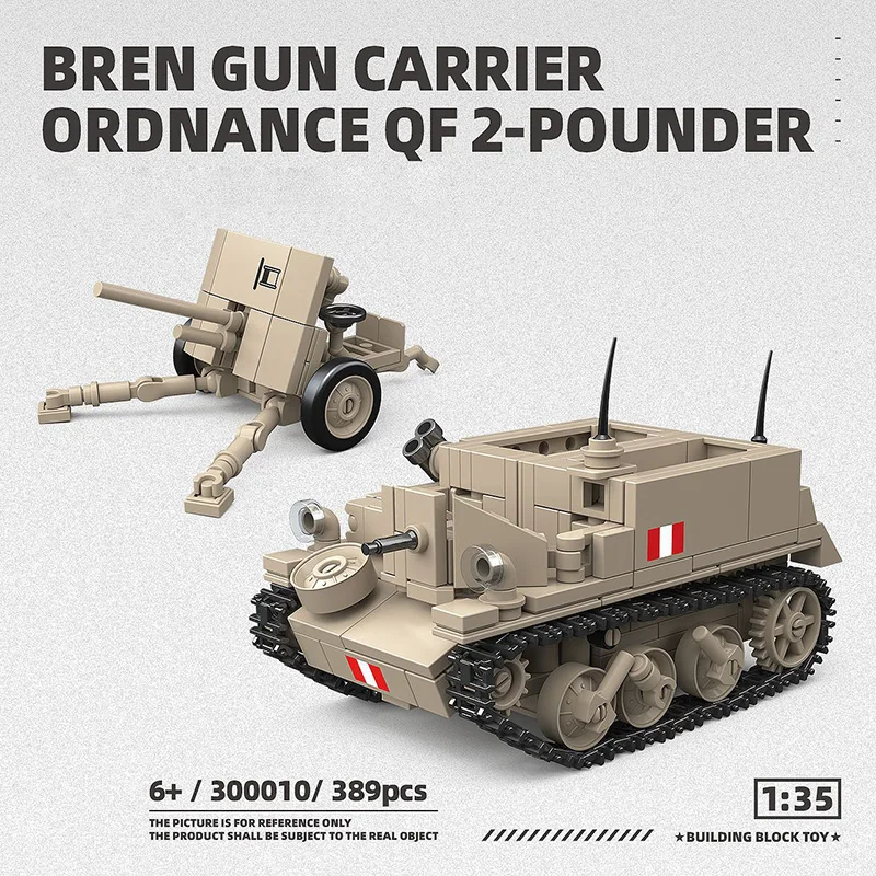 389-teiliges britisches Bren-Waffenträger/QF 2-Pitch-Waffen-Bausteine-Set WW2 Military Classic Collection Ziegelspielzeug für Jungen, Geschenke