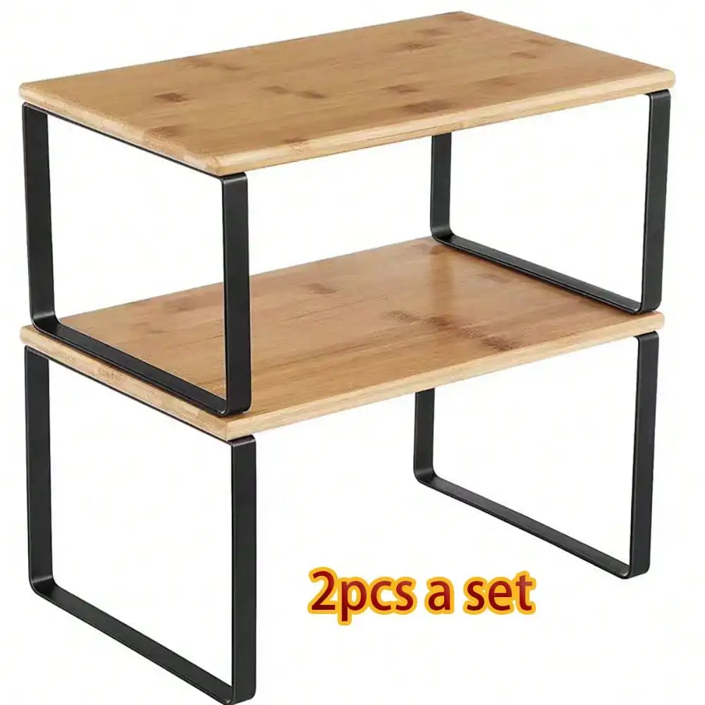 Cabinet Organizer Shelf Set Of 2 Modern Natural Bamboo Black Metal Frame Kitchen Counter Shelves Stackable Expandable Storage Spice Rack Stand Holder Unit For Pantry Cupboard Bathroom Countertop Housewarming Gift