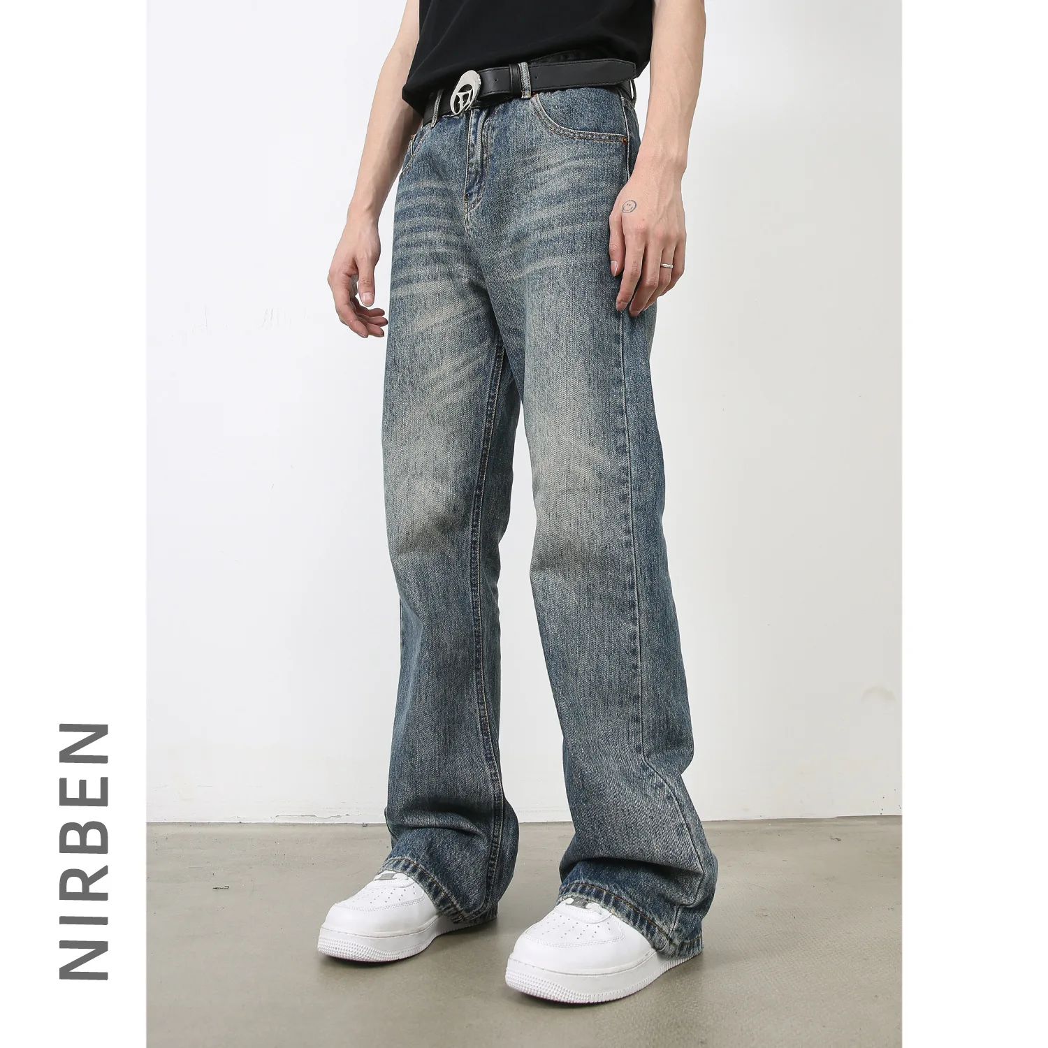 American Retro Micro Flared Jeans, Men's Four Seasons Loose Straight Wide-leg Pants, Casual Water Washing Floor-length Jeans