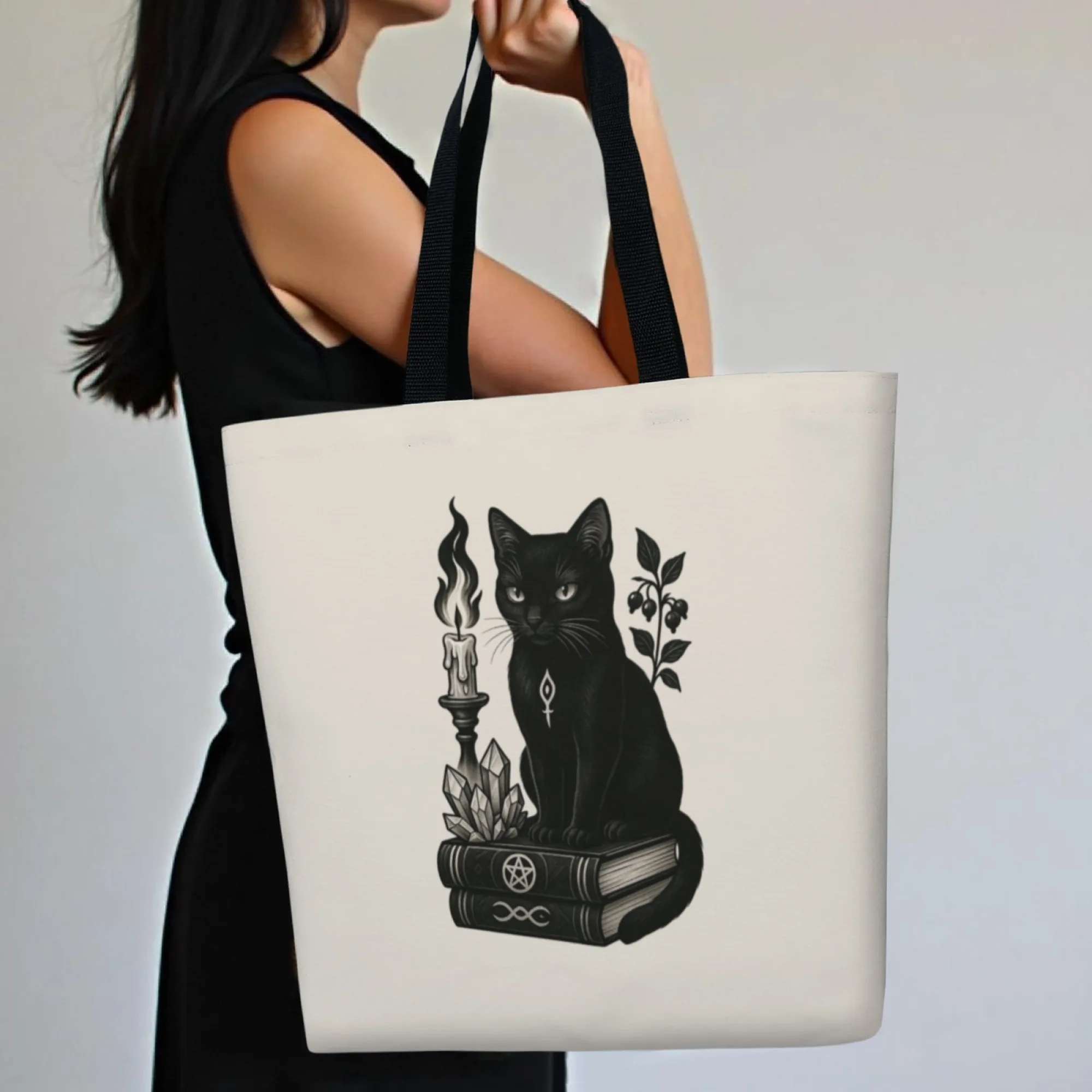 حقيبة كتف قماشية ذات قطة سوداء متعددة الاستخدامات، حقيبة كتف عملية للنساء مناسبة للتسوق والتسوق اليومي والمناسبات القوطية