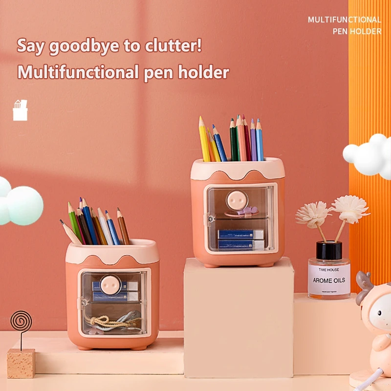 Cute Bear Large Pencil Holder Pen Makeup Brush Table Organizer Cartoon Multipurpose Grid Office Supplies Decoration Box Stylish