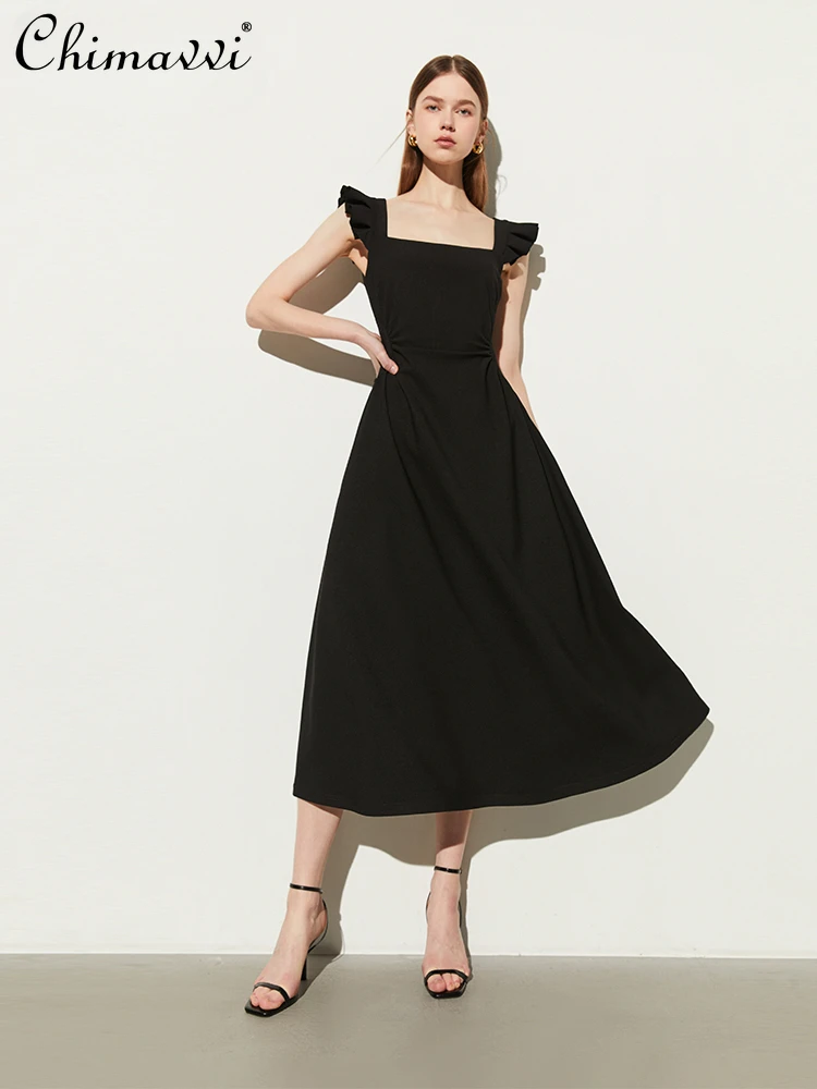 

French Style Elegant Commuter Black Dress Women Summer Flying Sleeves Square Collar High Waist Slim A-line Suspender Long Dress